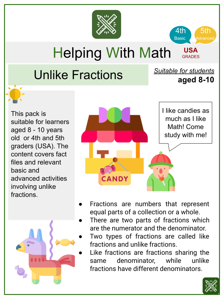 Unlike Fractions Candy Themed Math Worksheets Aged 810