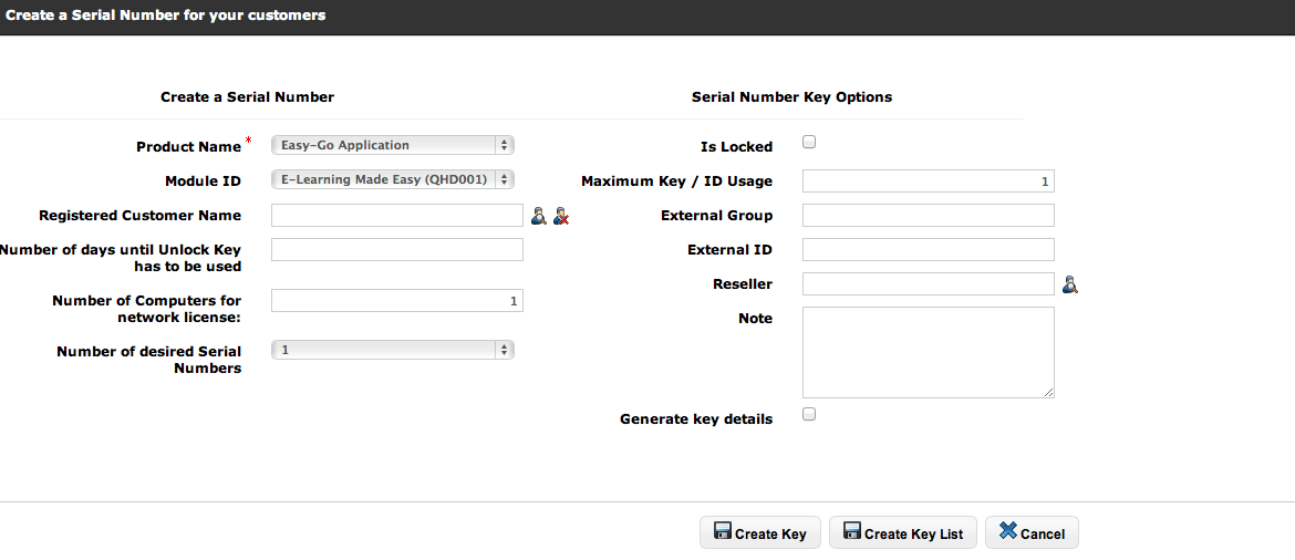 Create Serial Number on the Activation Server