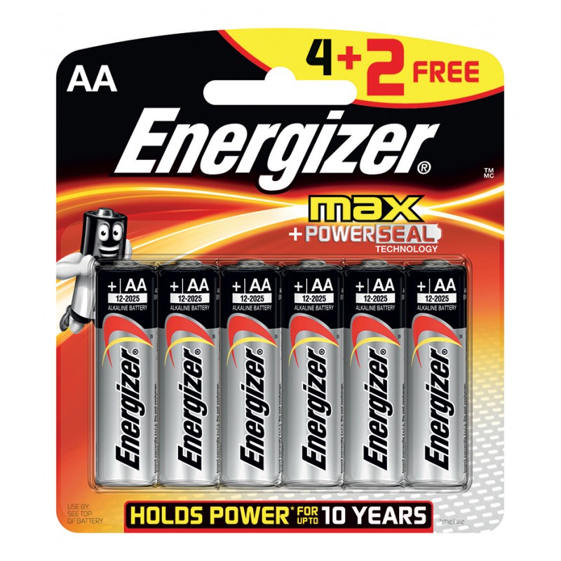 Energizer MAX E91BP6 AA Batteries 1.5v AA LR6 (4 Pack 2 Free