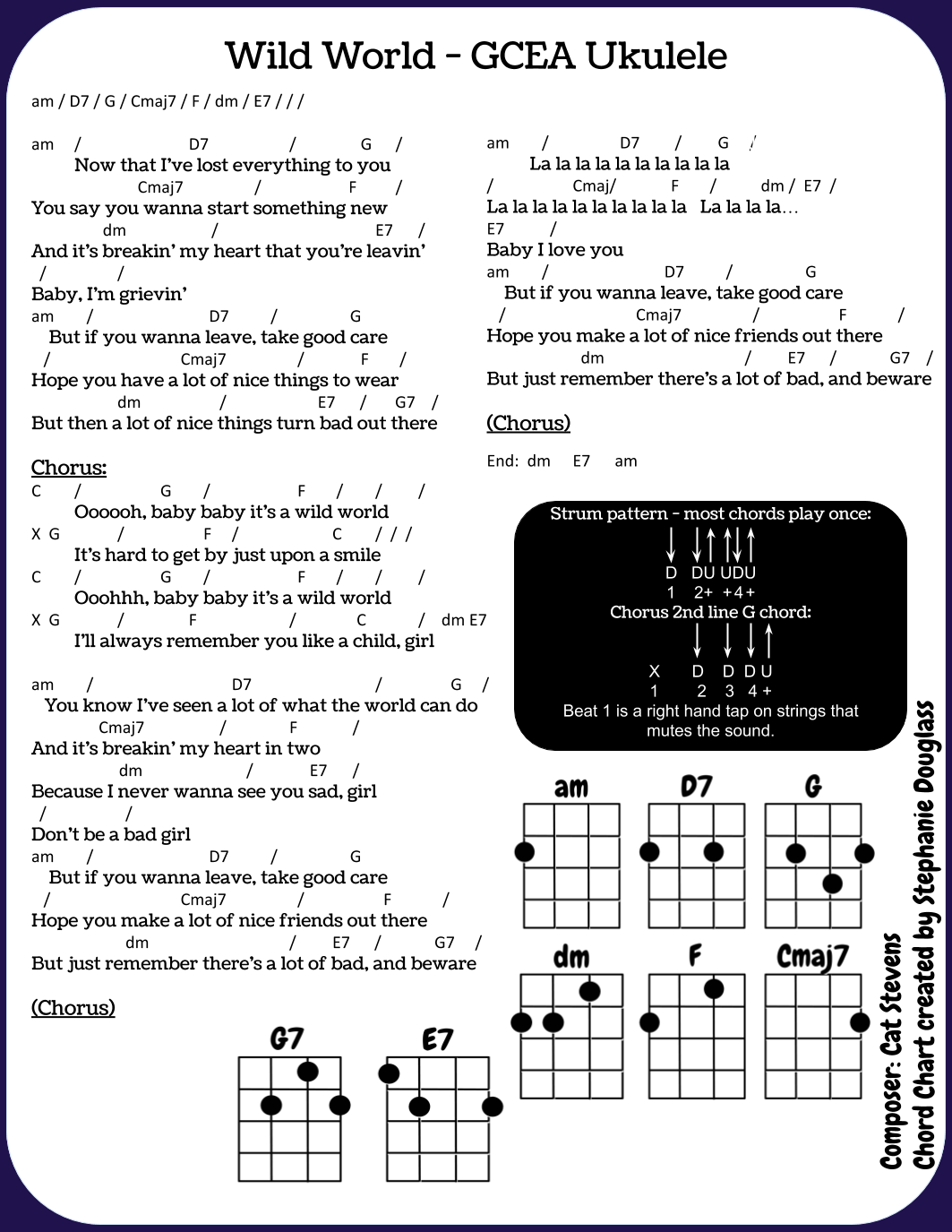 Ukulele Chord Sheet “Wild World” by Cat Stevens Notes