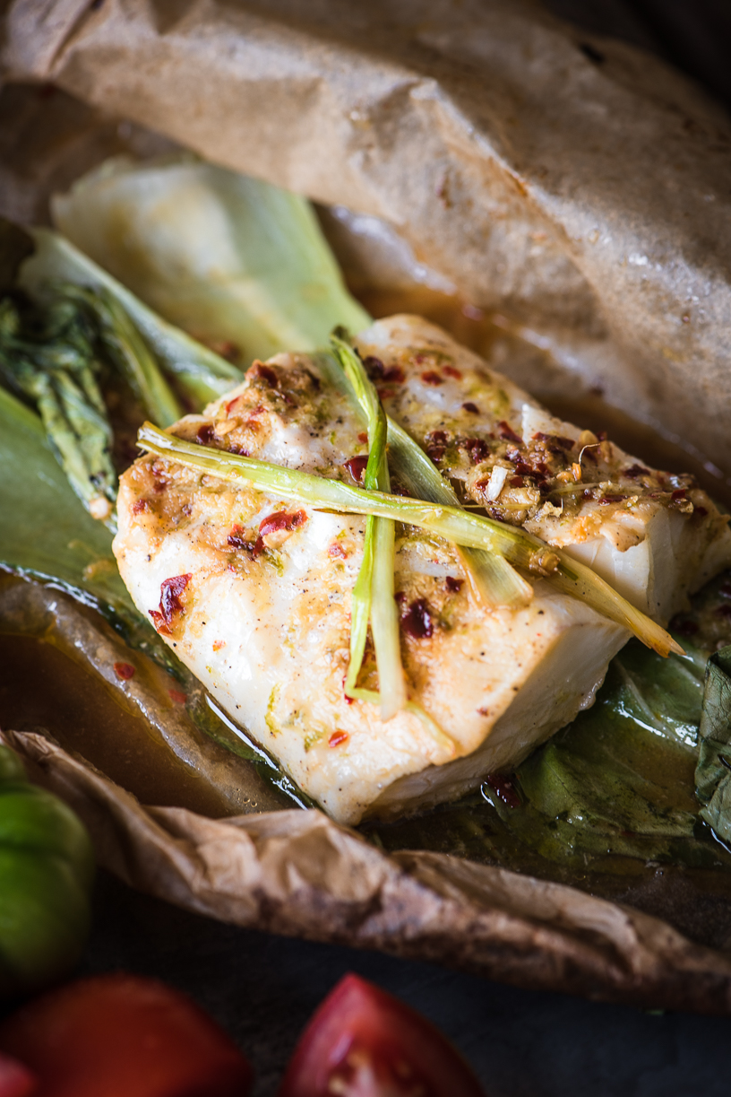 Steamed Fish + Pak Choi in Parchment Here In The Midst