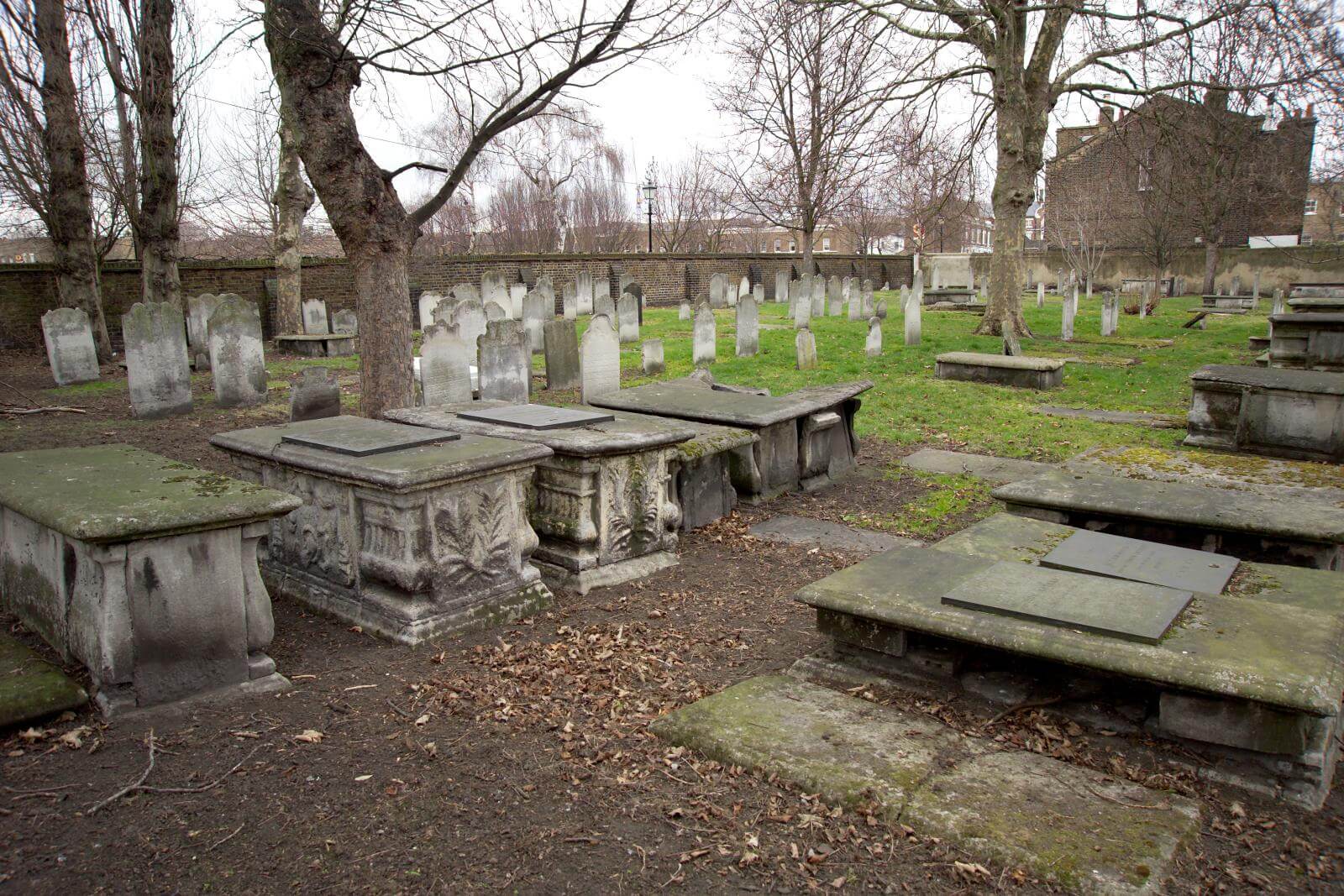 A cemetery with rows of gravestones.