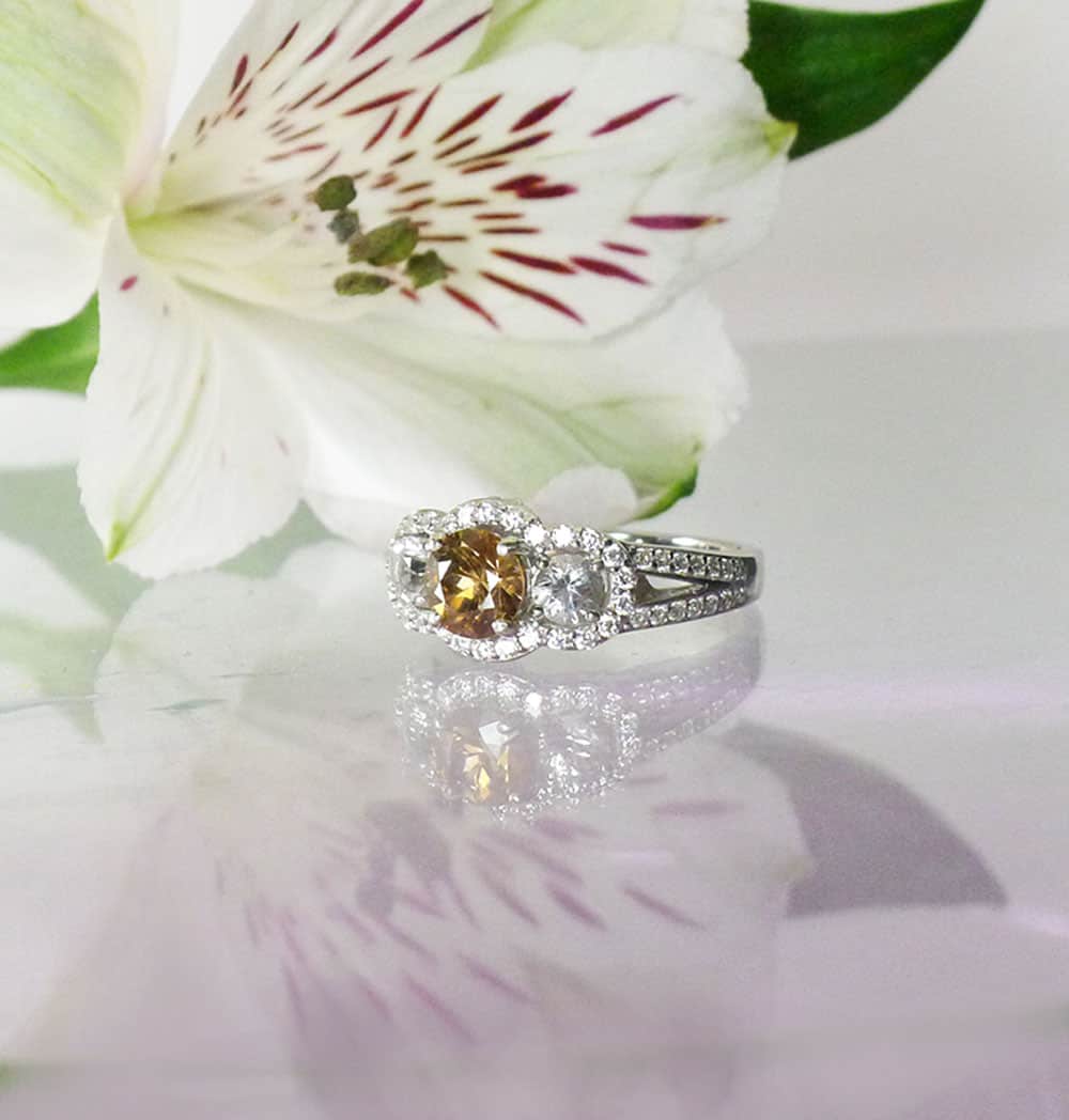 Orange Zircon Halo Ring Sterling Silver Herkimer Diamond Accents