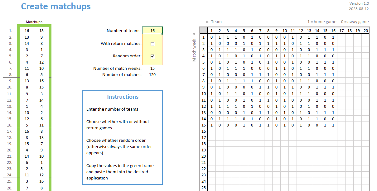 Excel Fixtures and League Table Generator