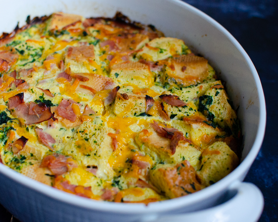 Ham, Spinach & Cheddar Strata Simple Breakfast Casserole