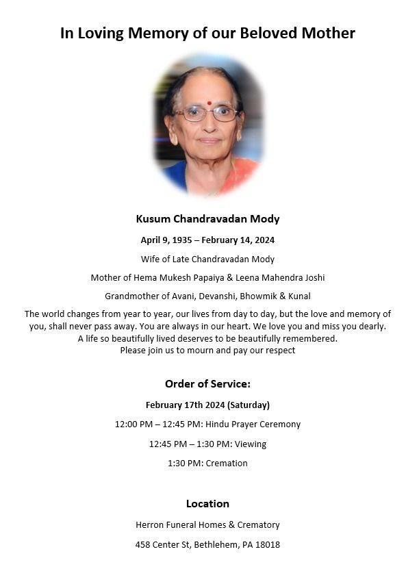 Kusum Chandravadan Mody Herron Funeral Homes & Crematory