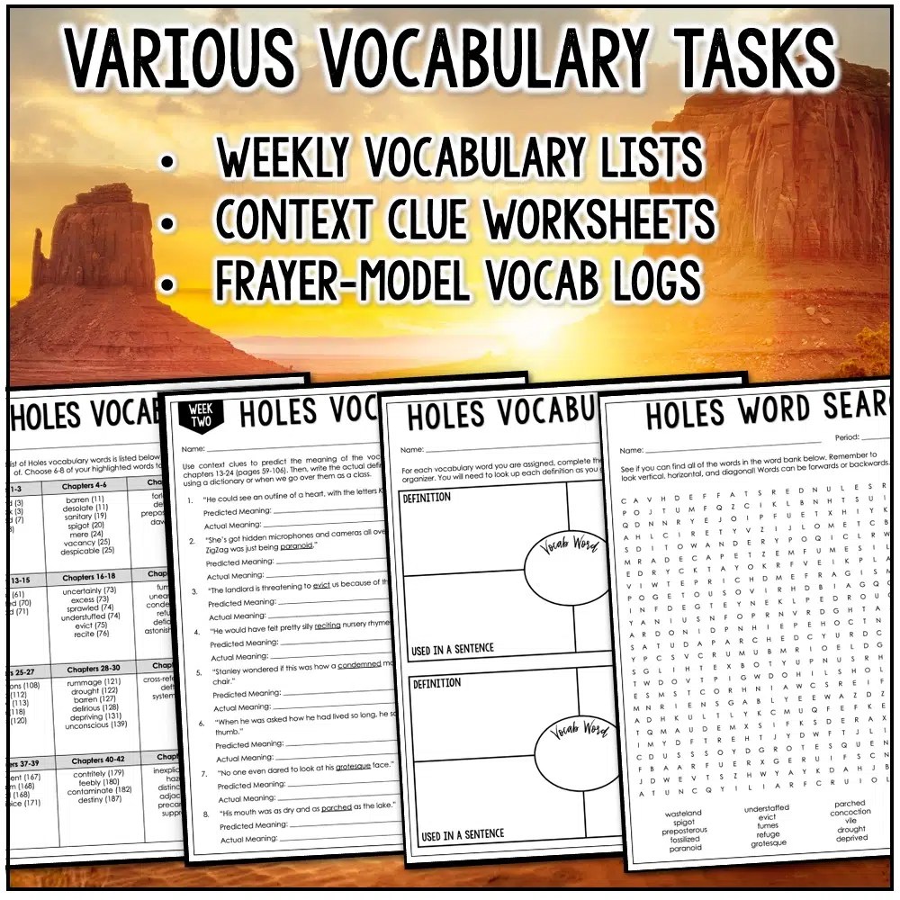 Holes Novel Study Vocabulary Activities Digital & Printable