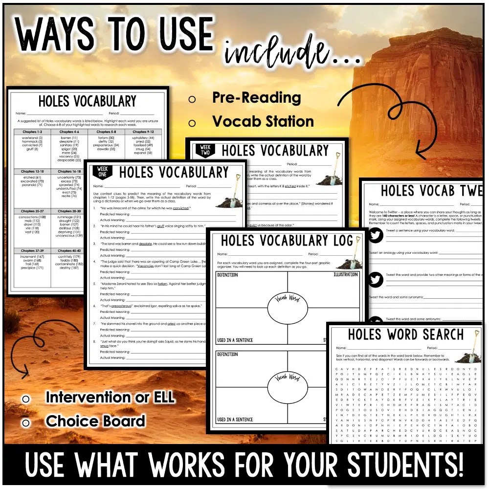 Holes Novel Study Vocabulary Activities Digital & Printable