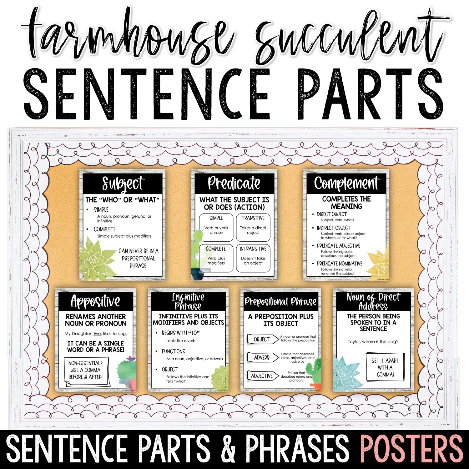 Middle School Farmhouse Succulent Parts of a Sentence Posters