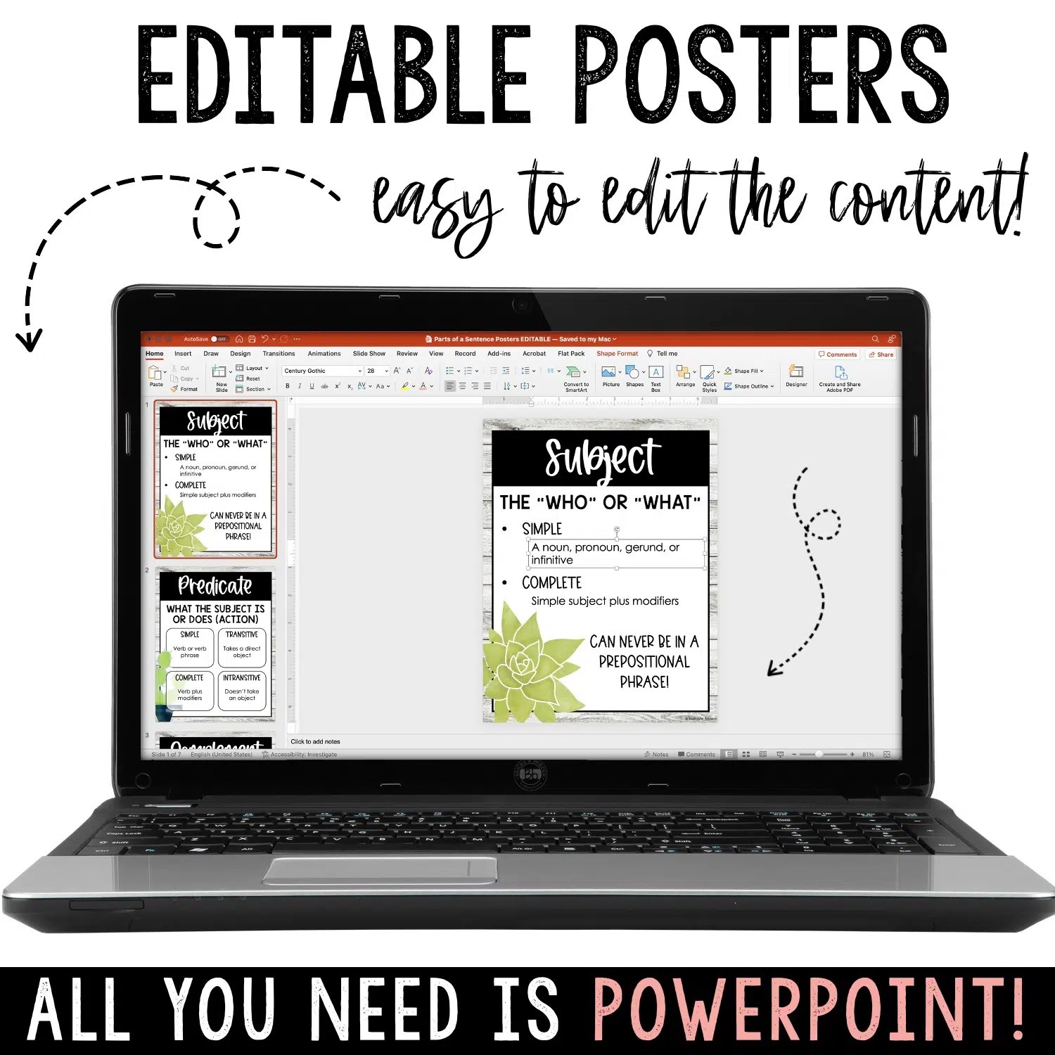 Middle School Farmhouse Succulent Parts of a Sentence Posters