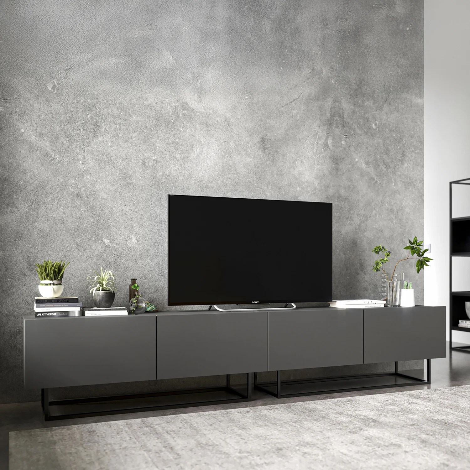 Enjoy Minimalist Freestanding Tv Unit With Metal Base 4 Door Wide Desi