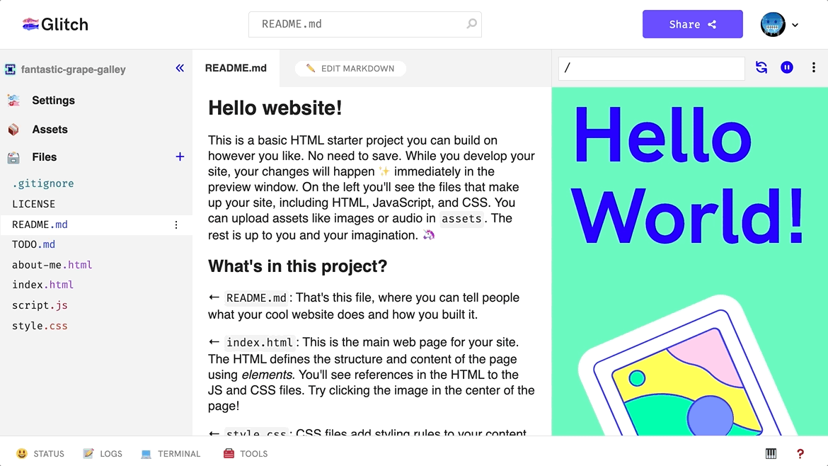 How do I edit a project's README.md file? Glitch