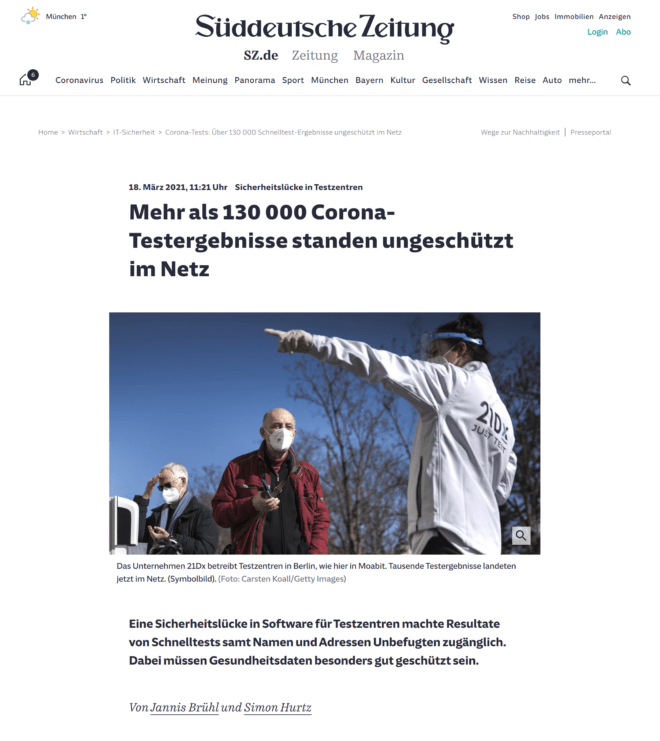 Datenleck in Berliner Testzentrum Hausarztgemeinschaft Westallgäu