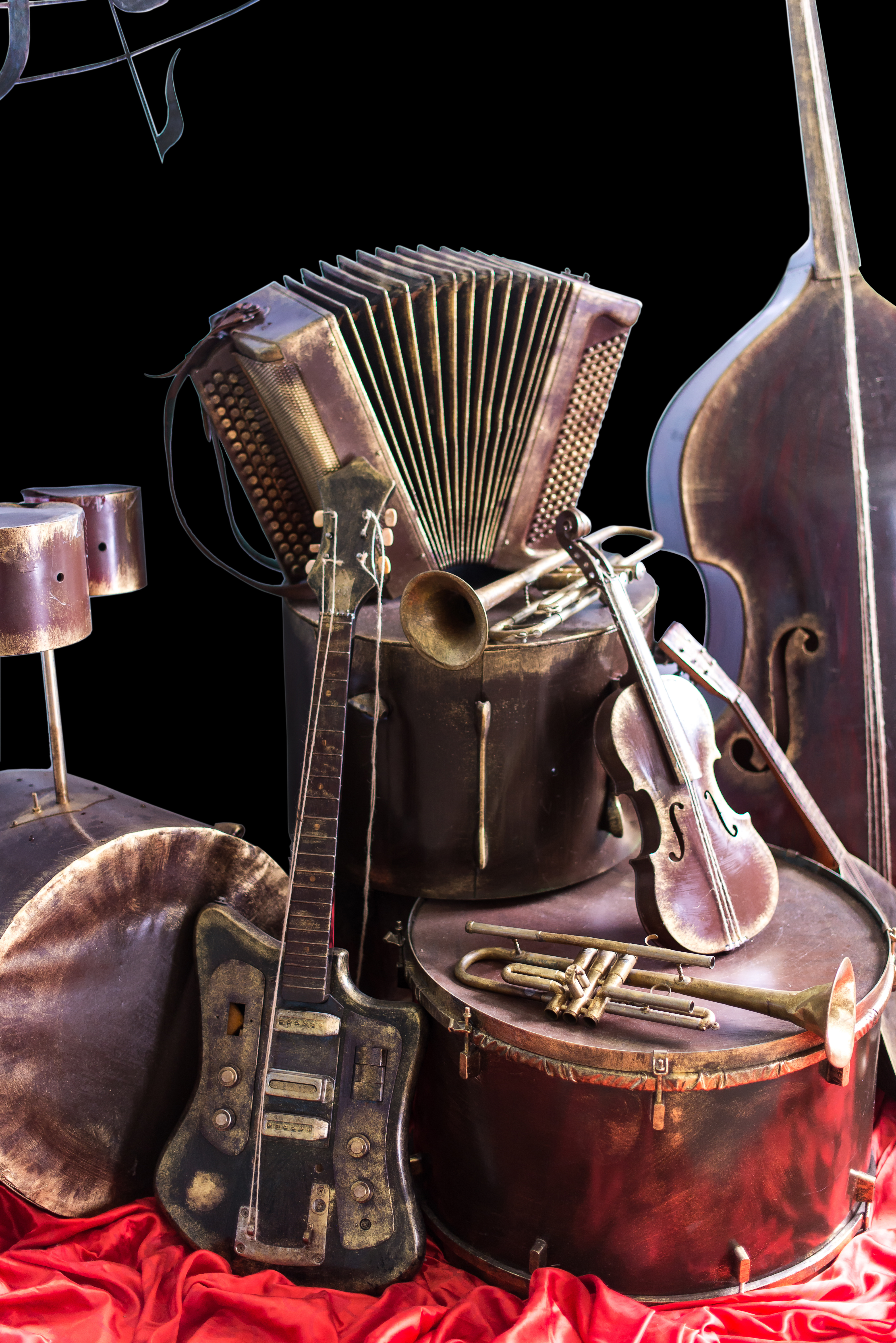 Old vintage musical instruments on a black background. Classical music