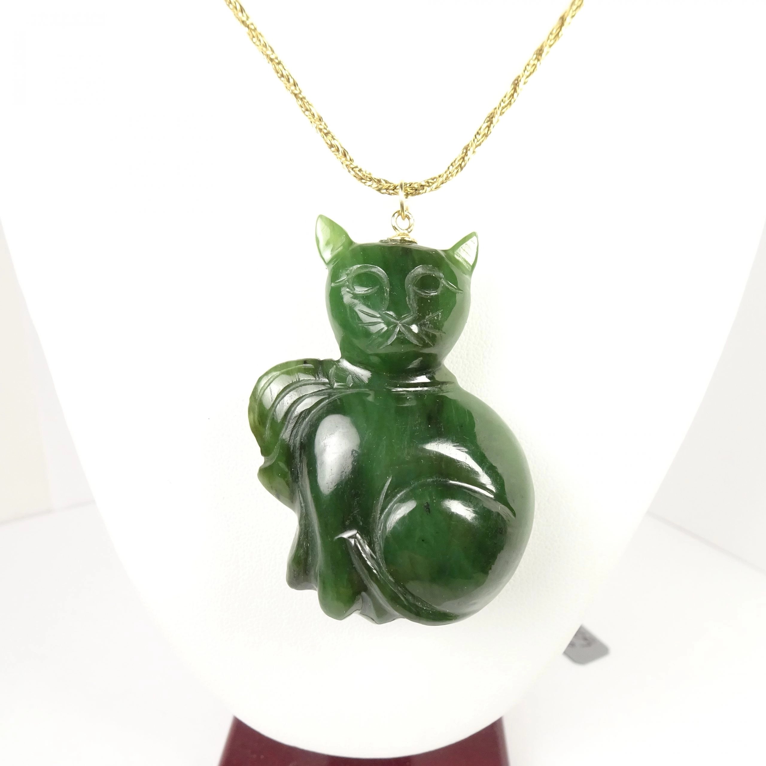 Jade, lab tested, Cat Pendant, hand carved, 14K, 1.25" w x 2" T x 3/4" thick H. Horwitz Jewelers