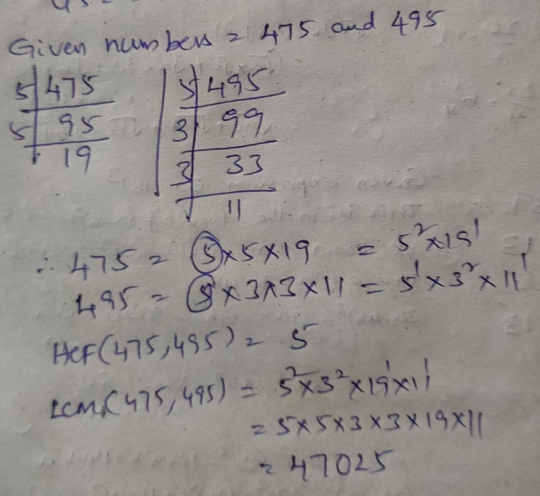 Find HCF and LCM by the prime factorization method of 475 and 495