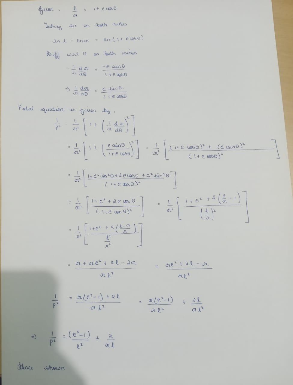 Show that the pedal equation of the curve l/r = 1 + e cos theta is 1/p