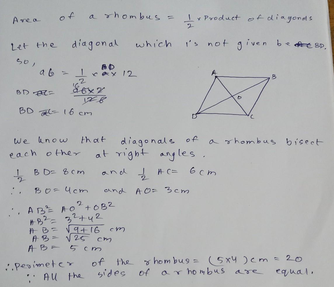 if the area of the rhombus is 96cm and one of its diagonals is 12 cm