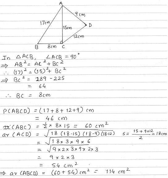 Find the perimeter and area of a quadrilateral ABCD in which BC=12cm