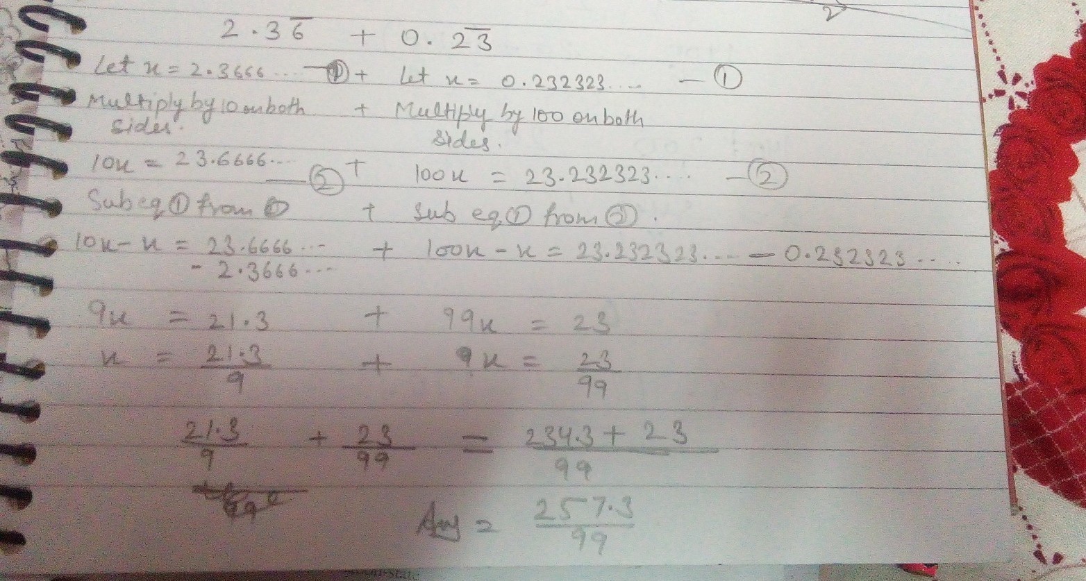 Express 2.3 (6 with bar)+0. (23 with bar)as a fraction in simplest form