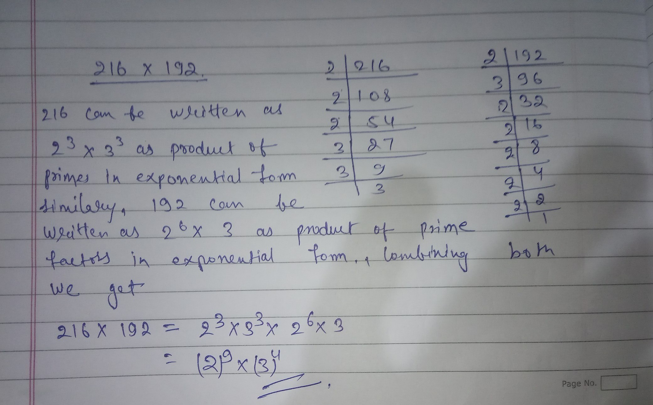 Express 216 x 192 as product of prime factors in exponential form
