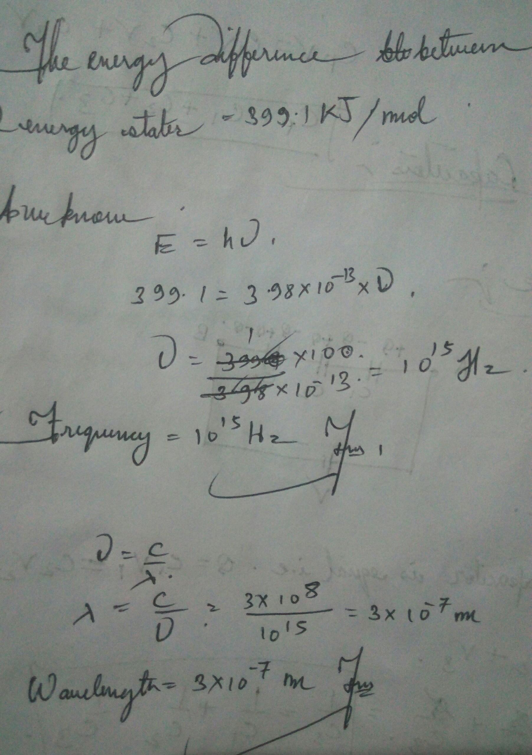 The energy difference between two electronic states is 399.1 kJ mol1