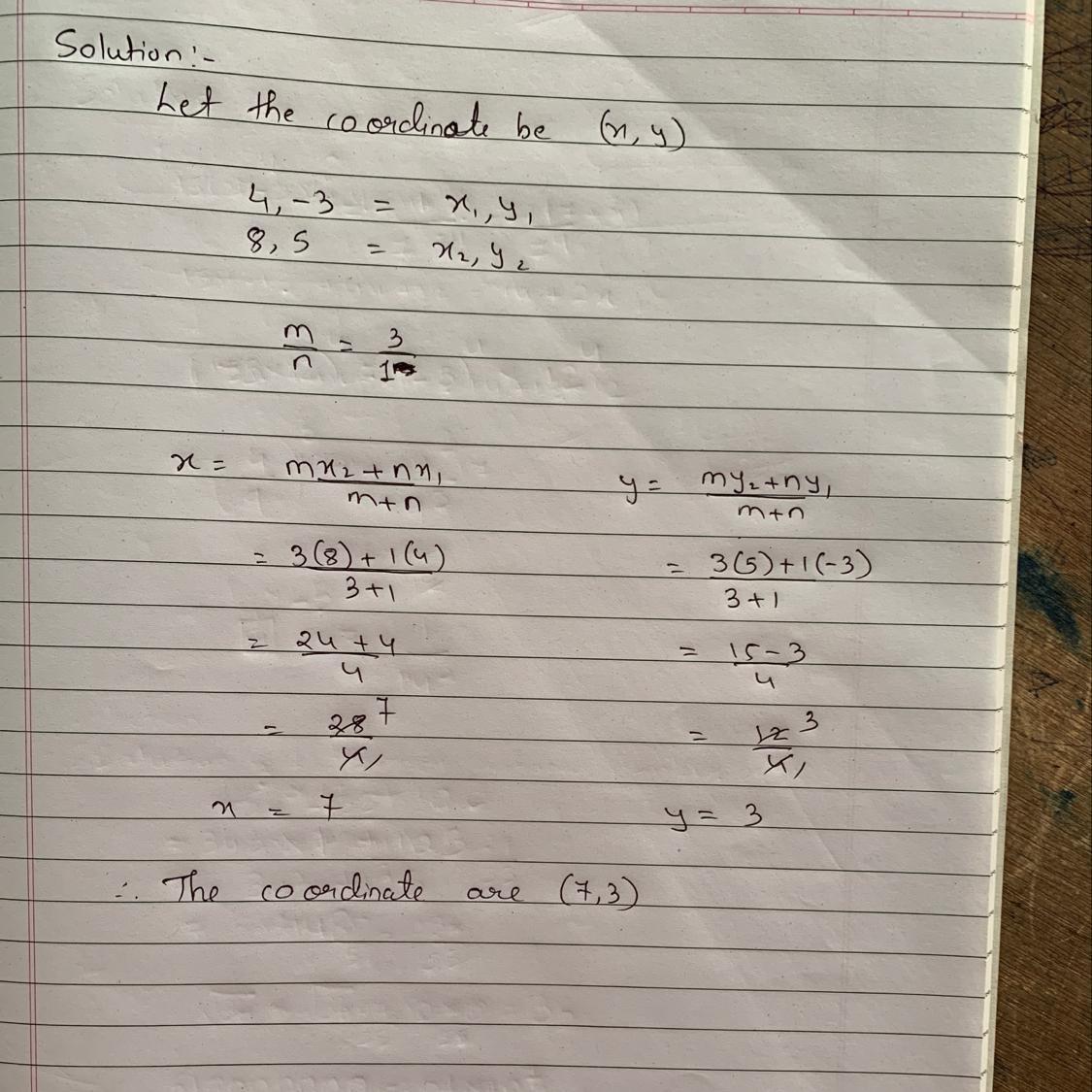Find the coordinals of the point which divides the line segment