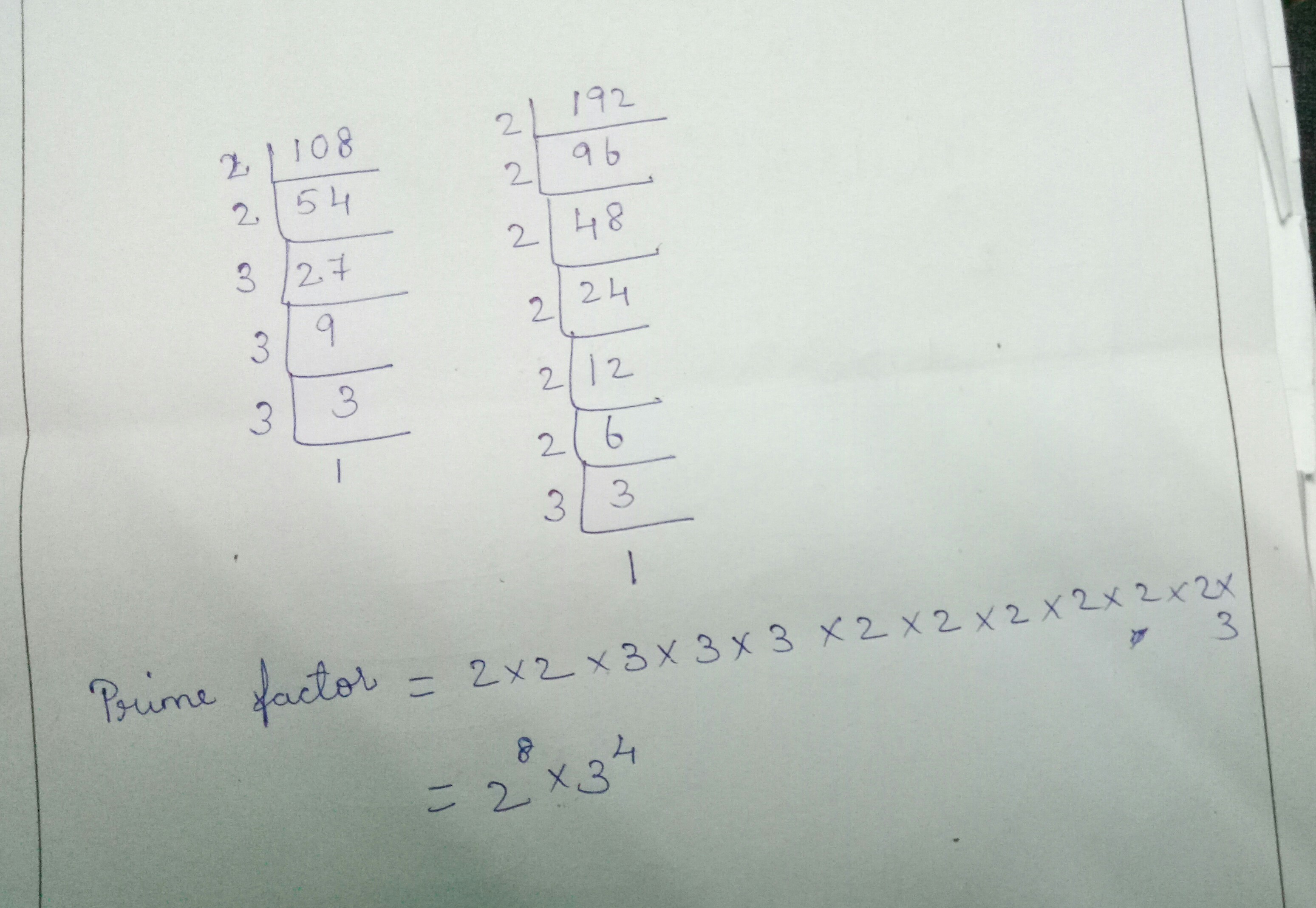 express 108 X 192 as a product of prime factor in exponential form