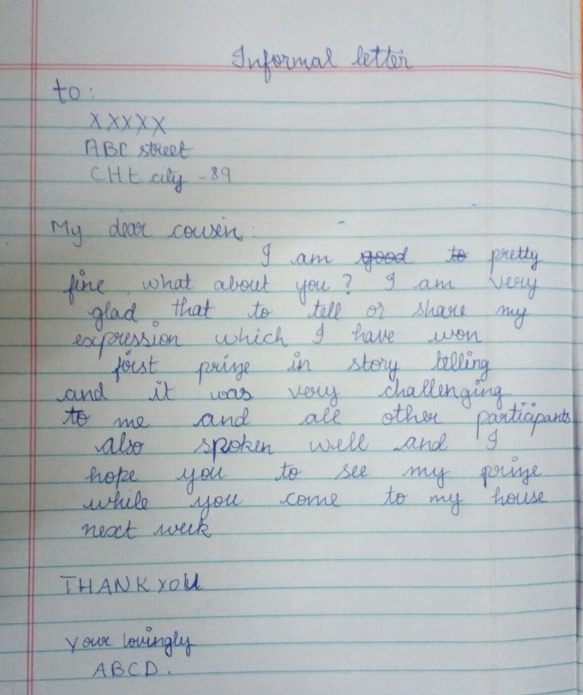 Write a letter to your cousin infrming him good news the first prize in