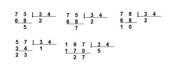 Find the remainder when 73×75×78×57×197 is divided by 34. Brainly.in