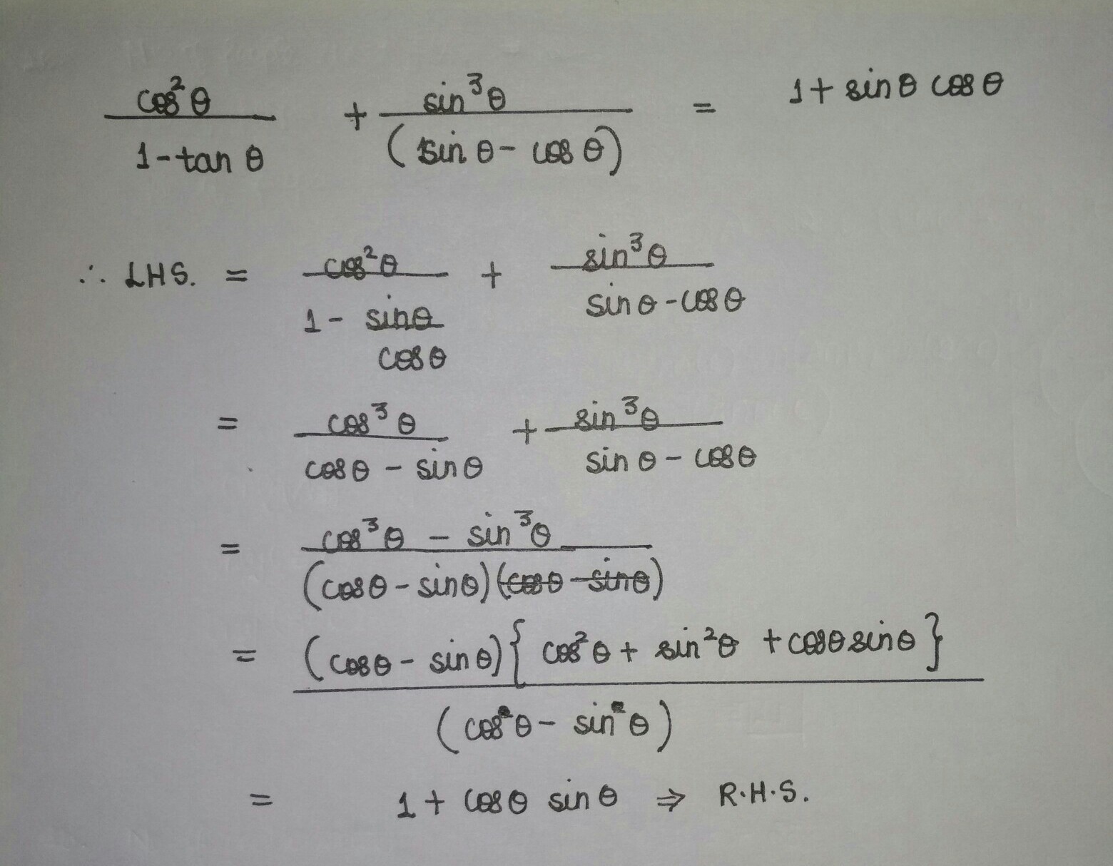 prove (cos^2theta) / (1tan theta)] + [(sin^3 theta