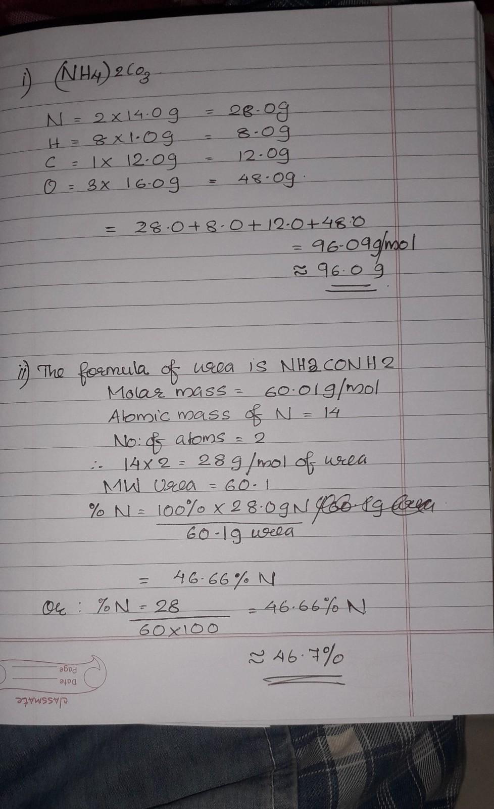 I) Calculate The Molecular Mass Of Ammonium Carbonate ((Nh4)2Co3).(Ii) Find The Percentage Of Nitrogen - Brainly.in