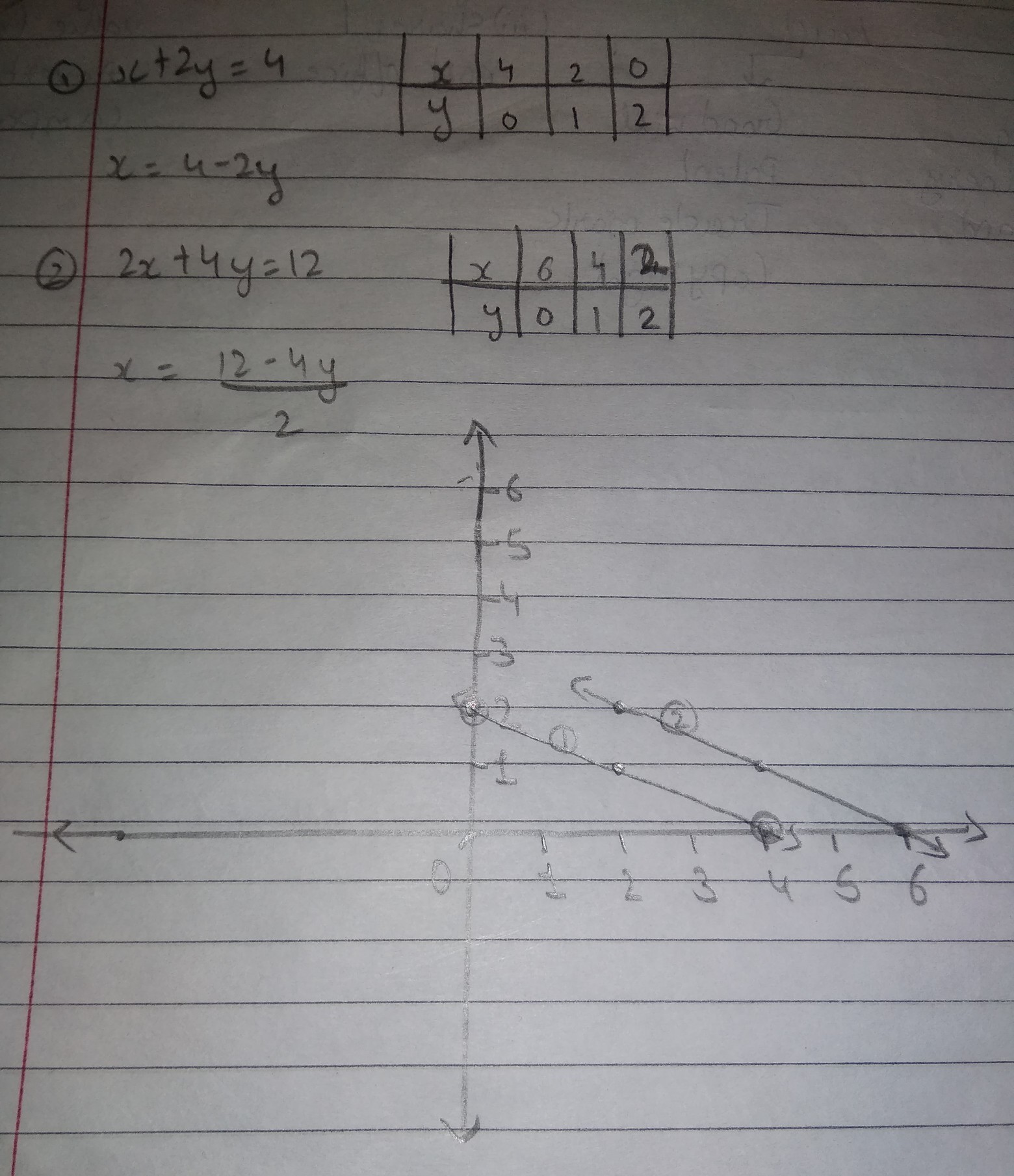 Draw a graph of the following equation x+2y=4 , 2x+4y=12 Brainly.in
