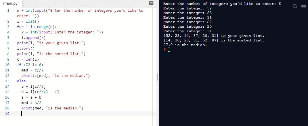 Write a program to read a list of n integers and find their median