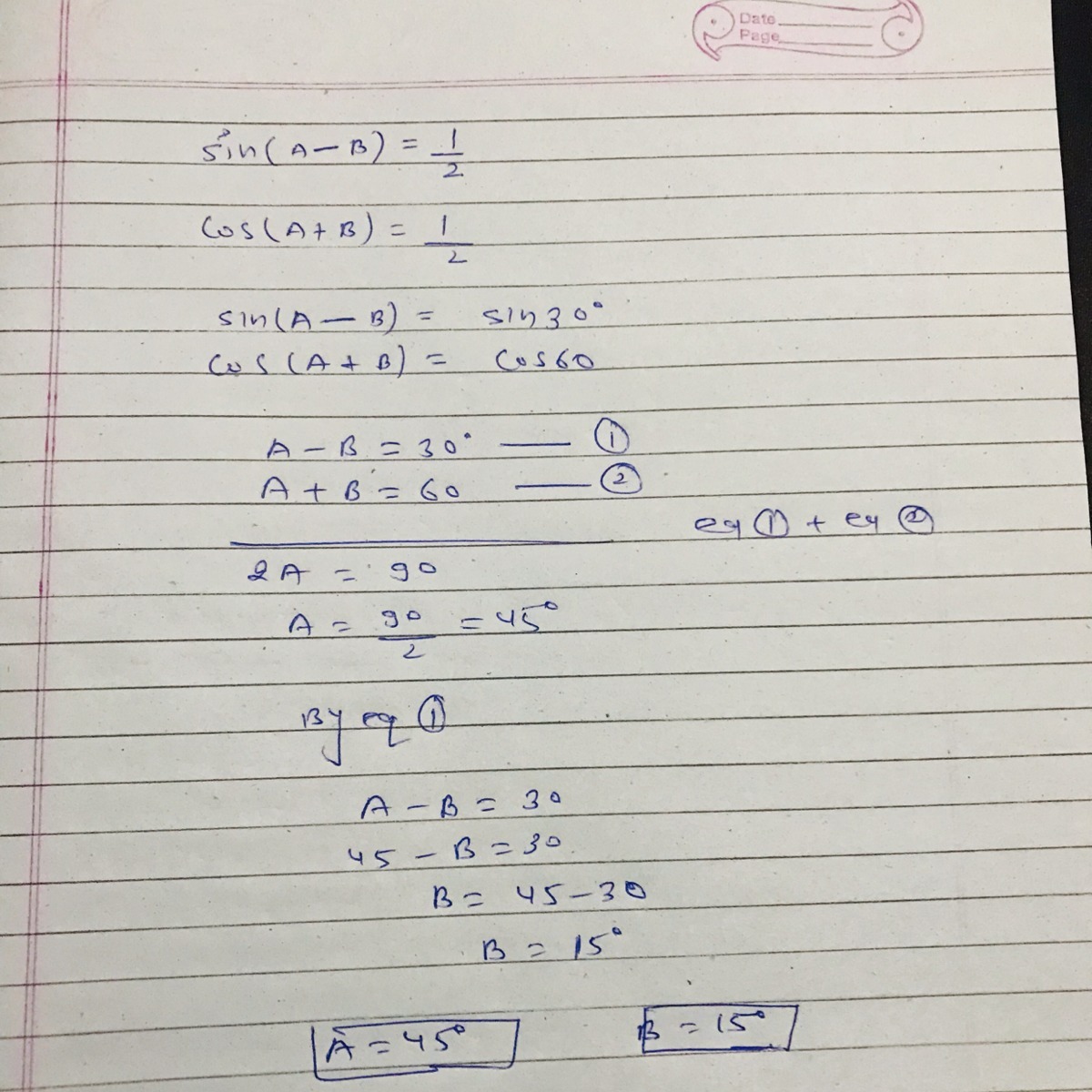if sin ( A B ) = cos ( A + B) = 1/2, find A and B Brainly.in