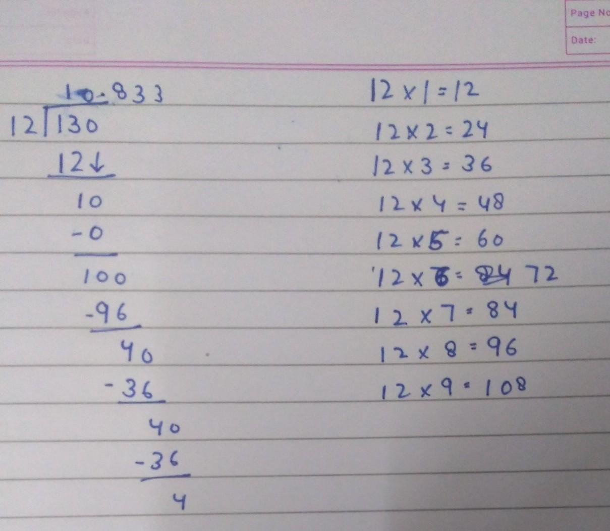 divide 130÷12I need step by step I get 1.83but answer is 10.83 how