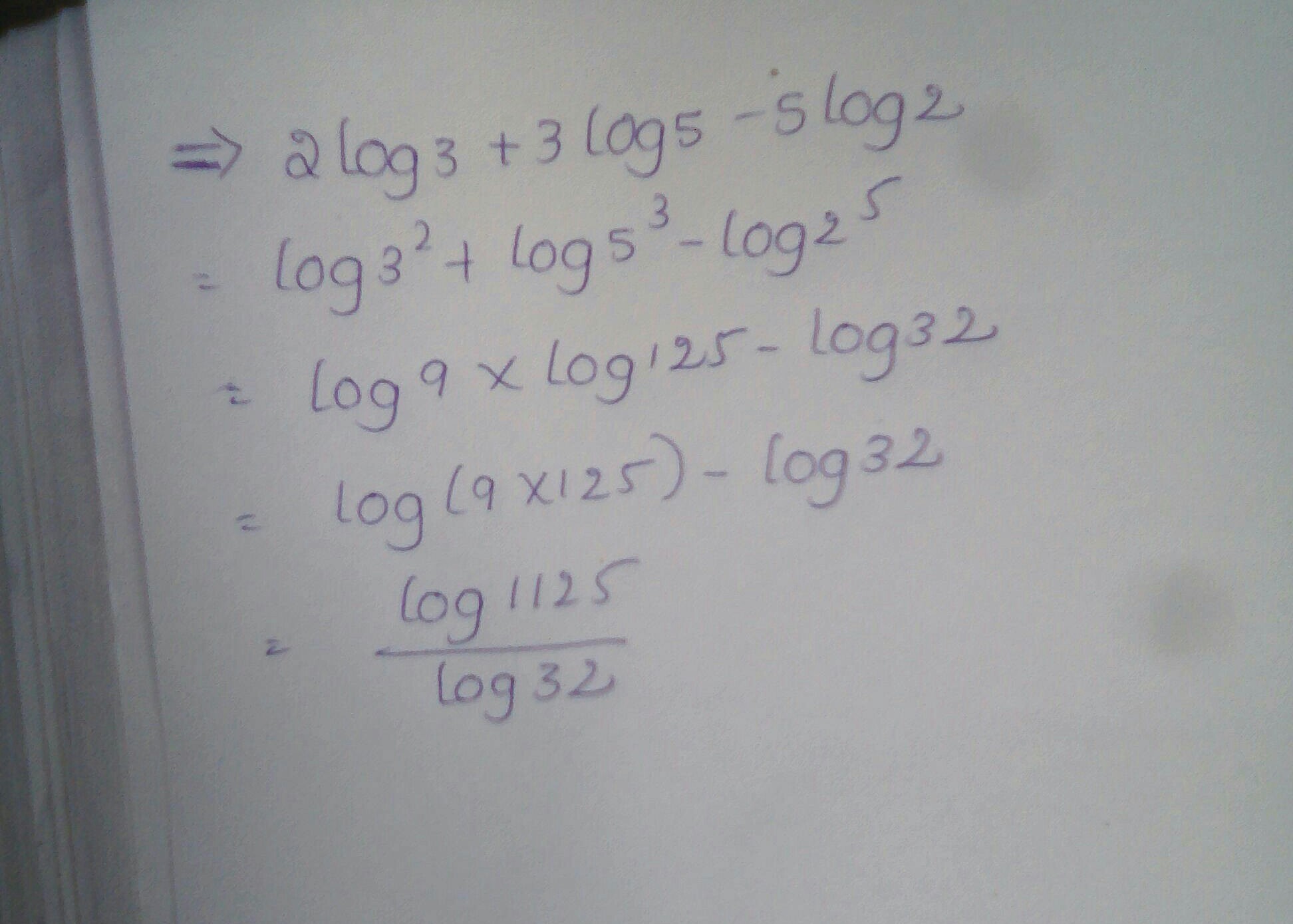 Write 2 log 3+3log55log2 as a single logarithm Brainly.in