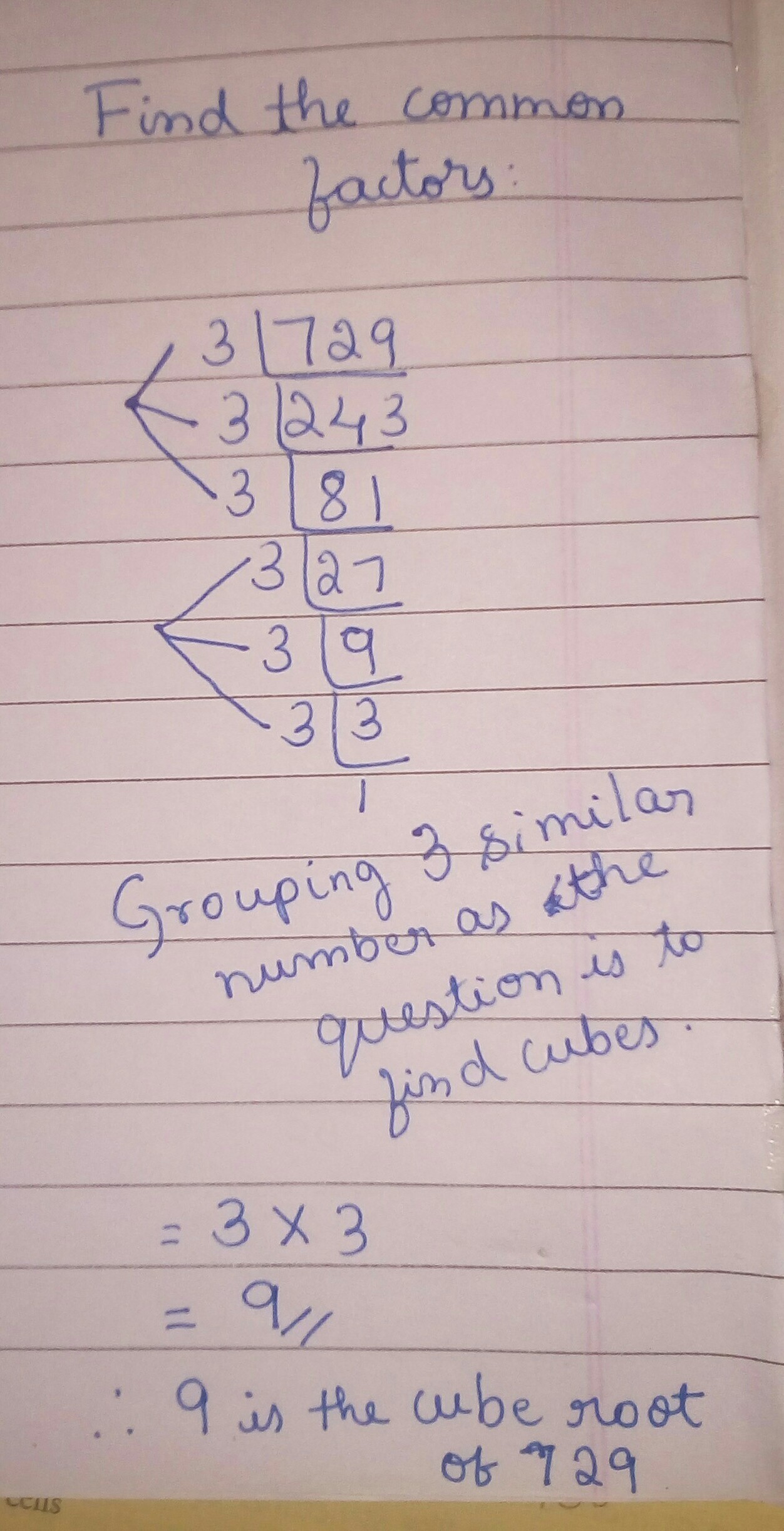 Find the cube root of 729 Using full steps clearly