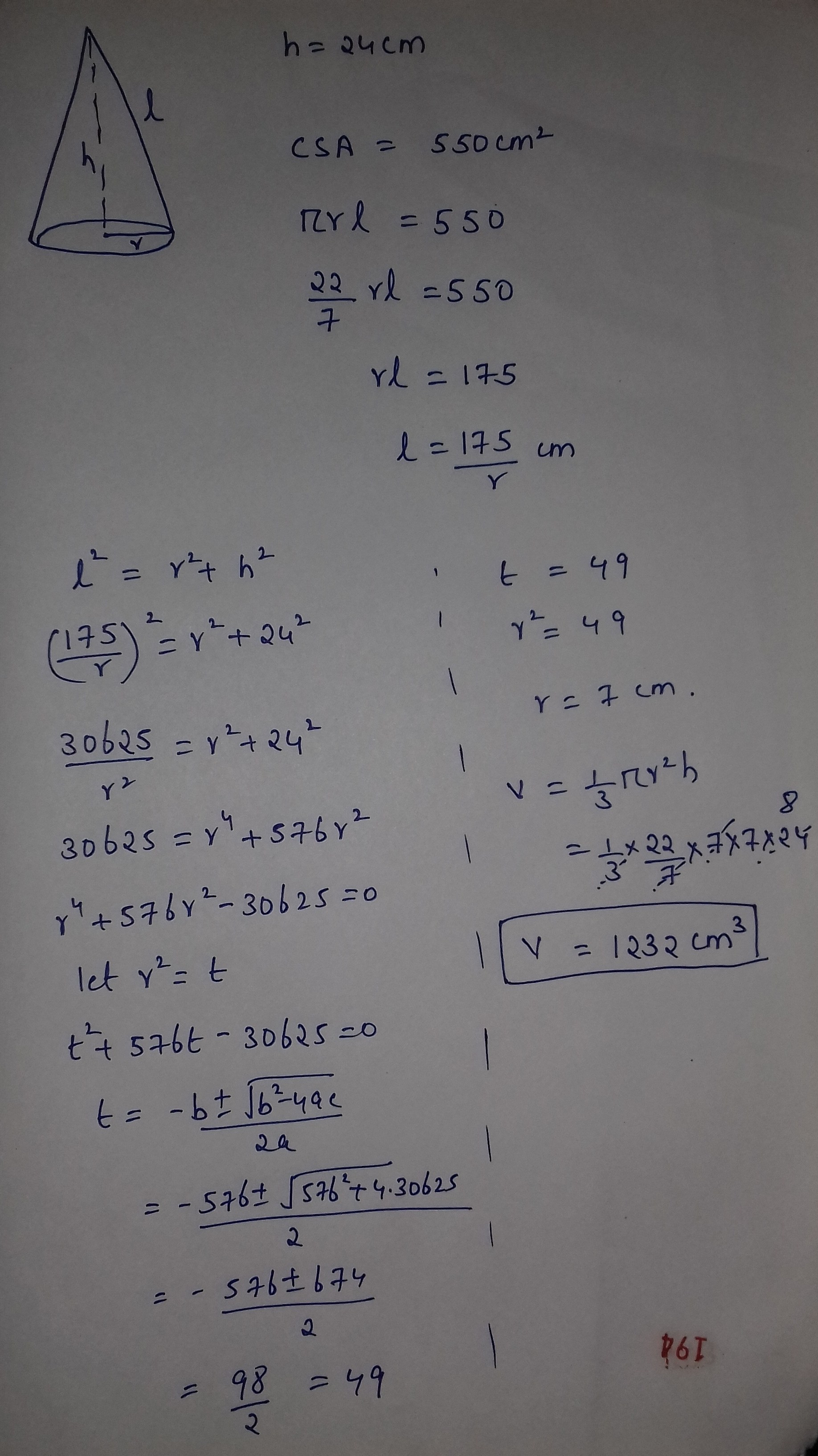 A cone of height 24cm has a CSA 550cm^2. Find its volume Brainly.in