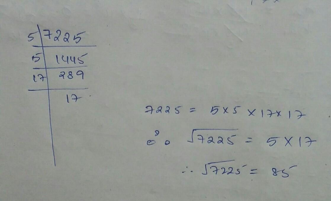By primefactorisation method, find the square root of 7225. Brainly.in