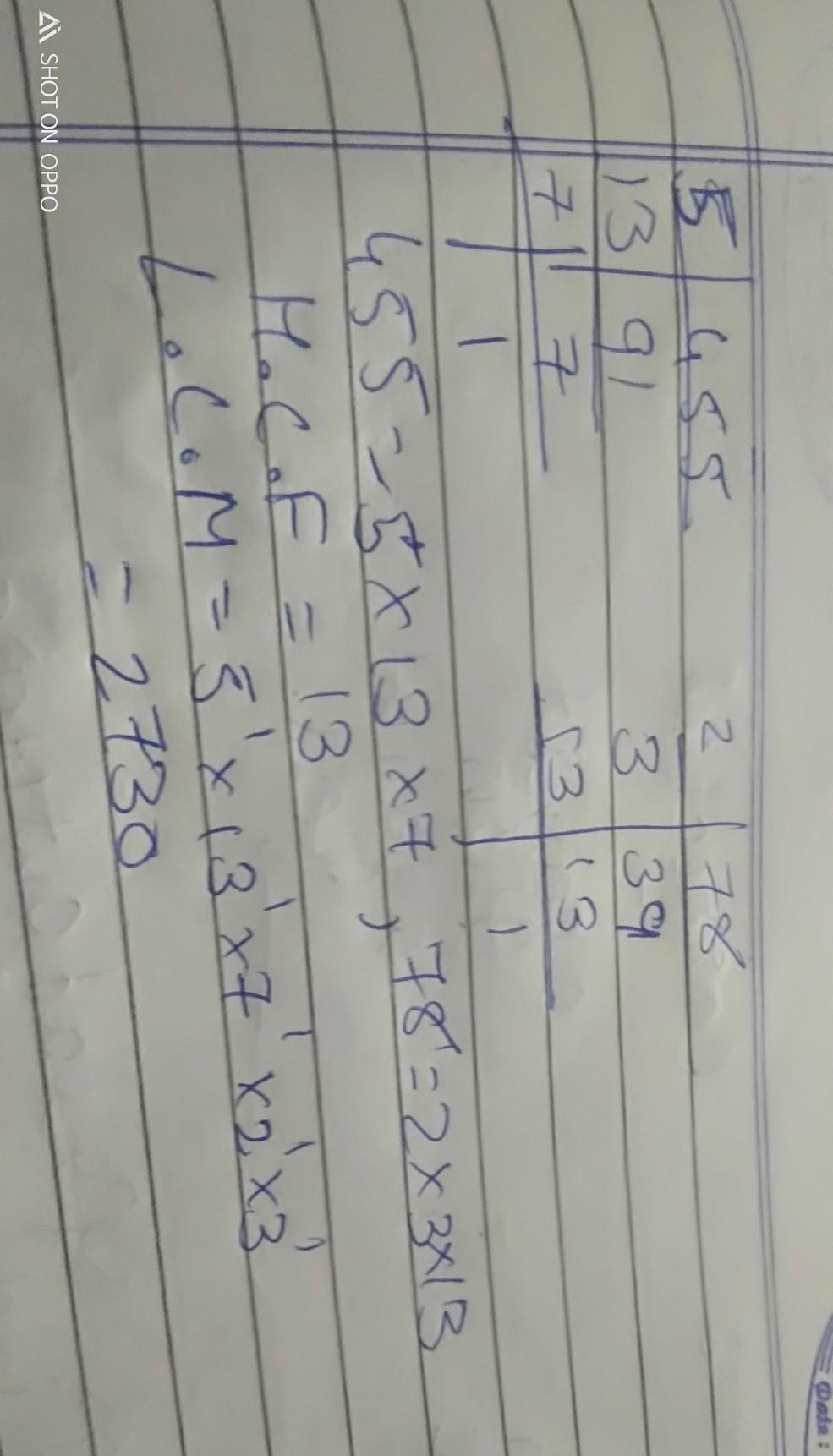 Find the LCM and HCF of 455 and 78 by using the prime factorization
