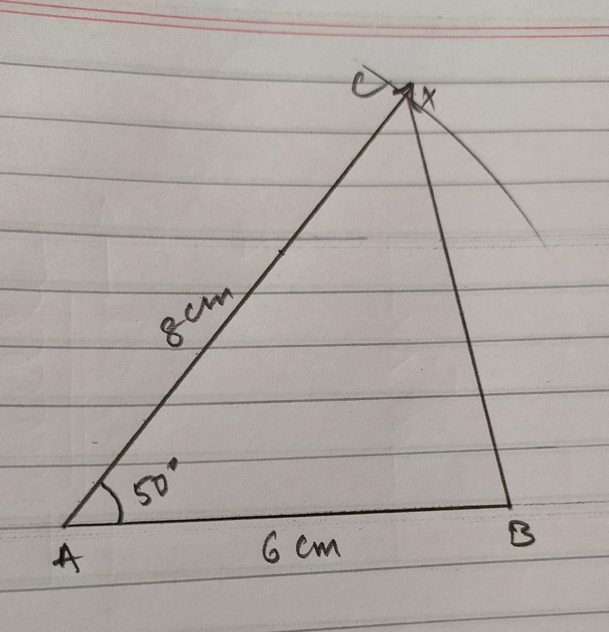 . Construct a ∆ ABC such that AB = 6 cm, AC = 8 cm, angle BAC=50
