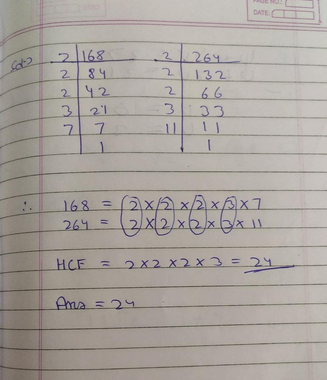 Find HCF of 168 and 264 by prime factorisation method.picture