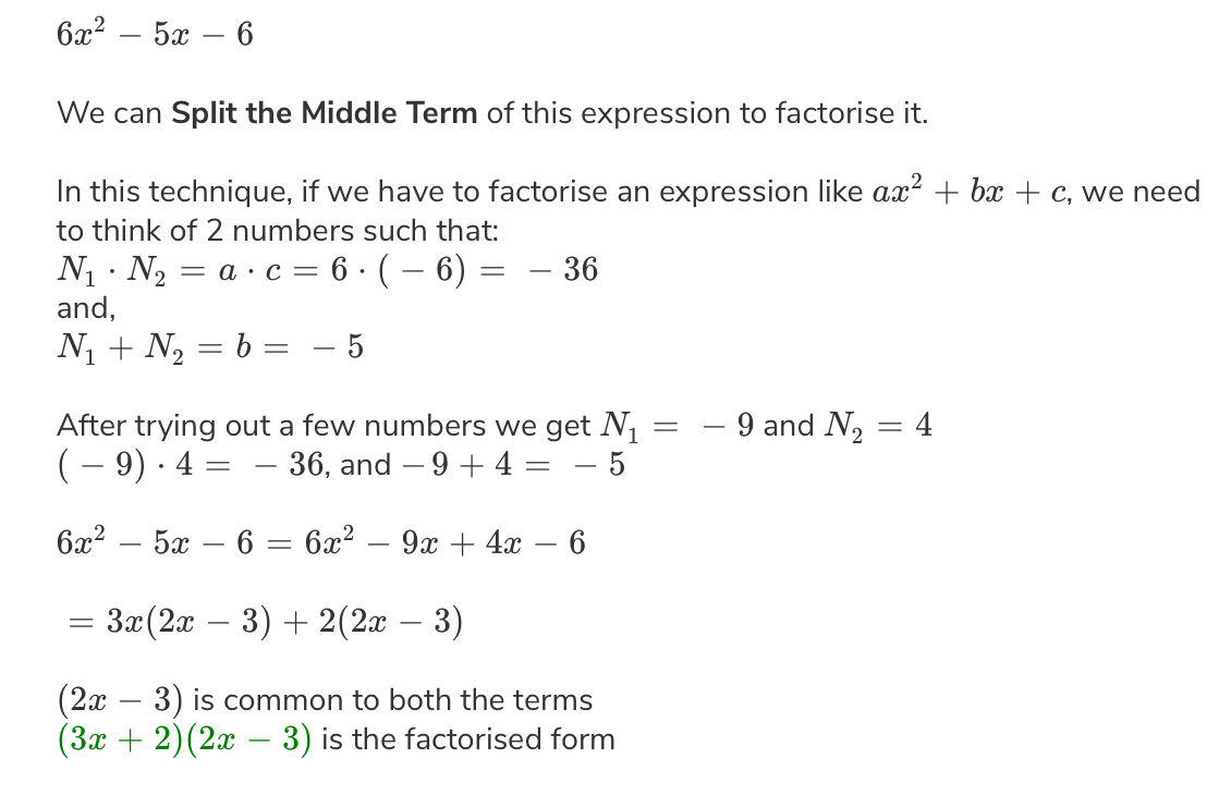 Factorise 6x^2 +5x6 by splitting the middle term Brainly.in