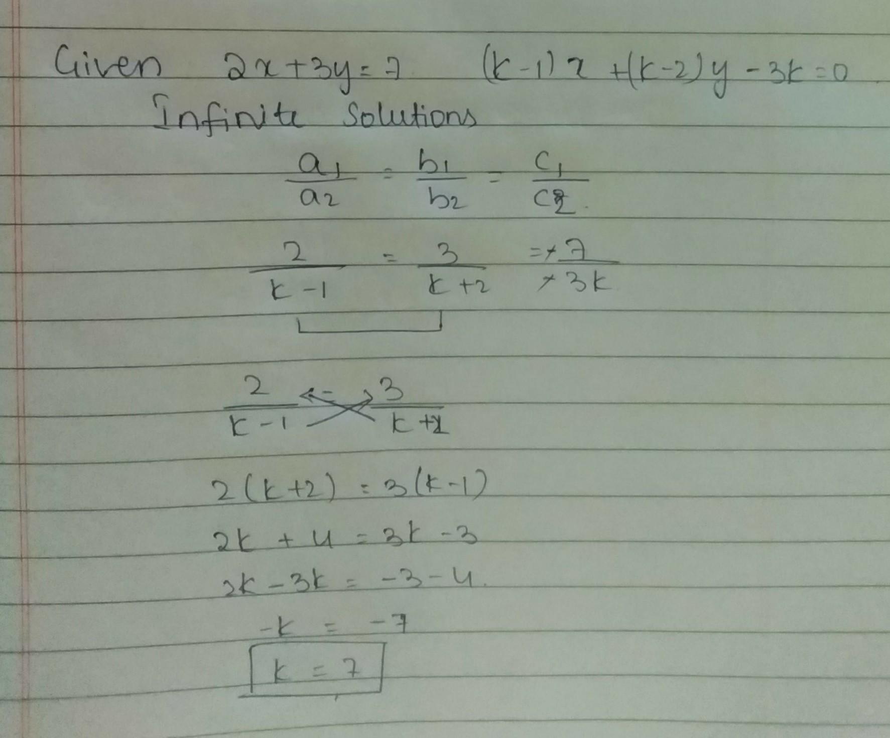 Find the value of k for which the following pair of linear equations