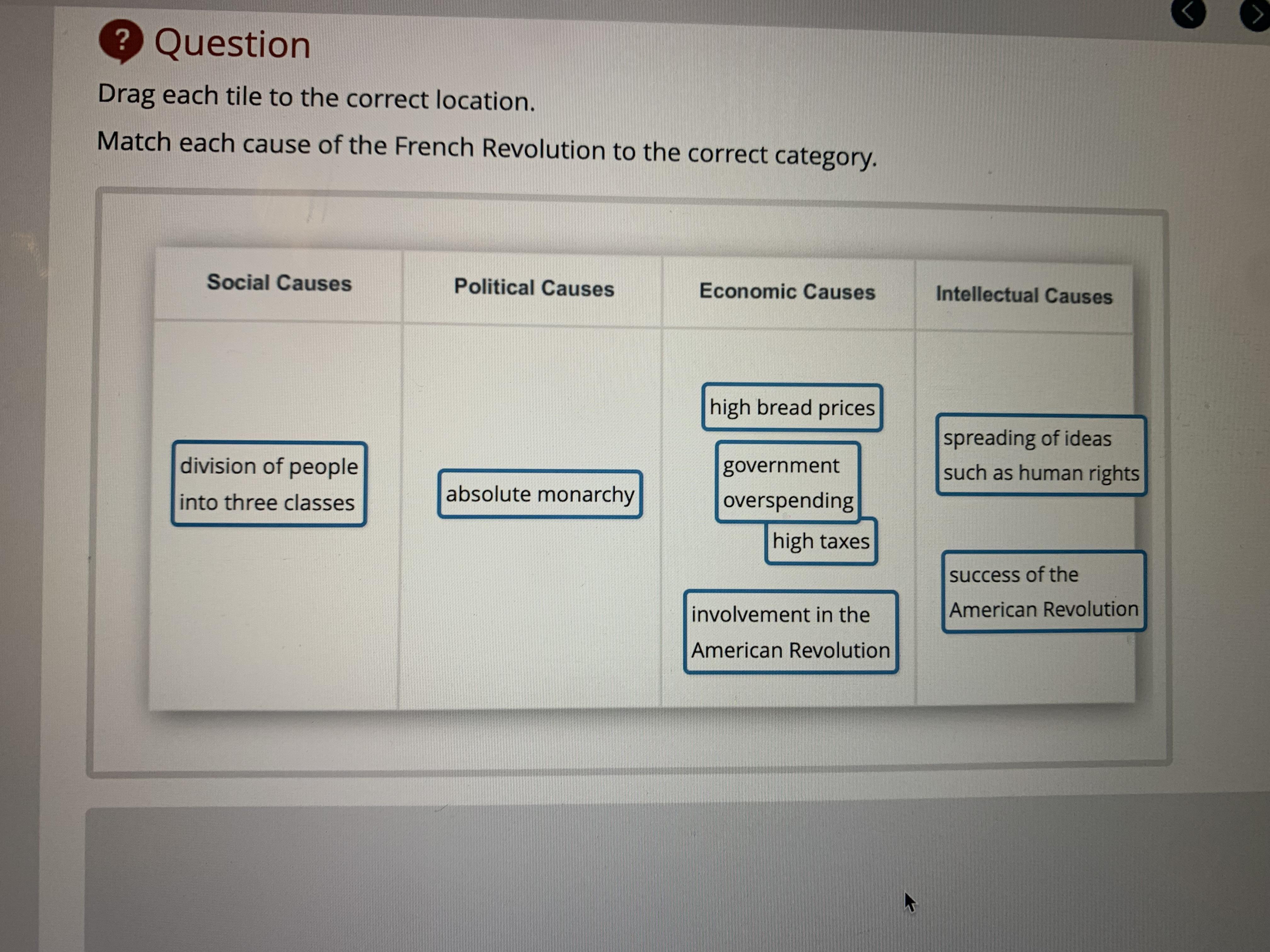 Match each reason for the French Revolution to the correct category. (i
