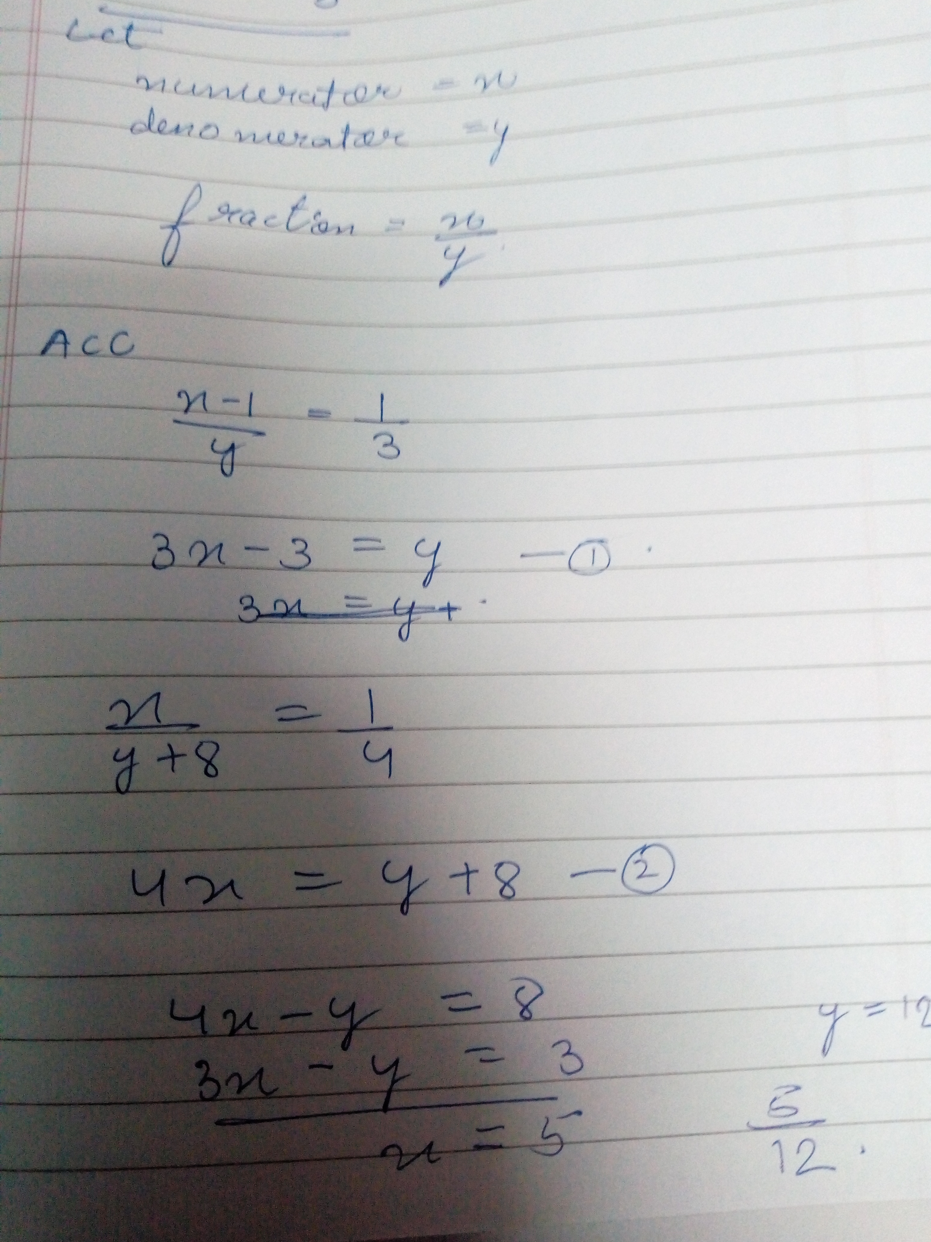 A fraction 1/3 when 1 is subtracted from its numerator and it