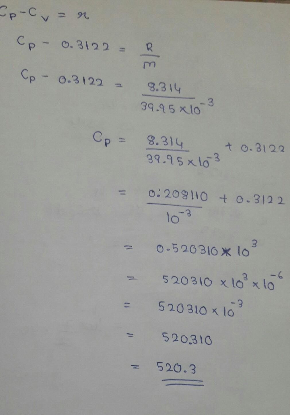 The specific heat of argon at constant volume is 0.3122kj/kg k. find