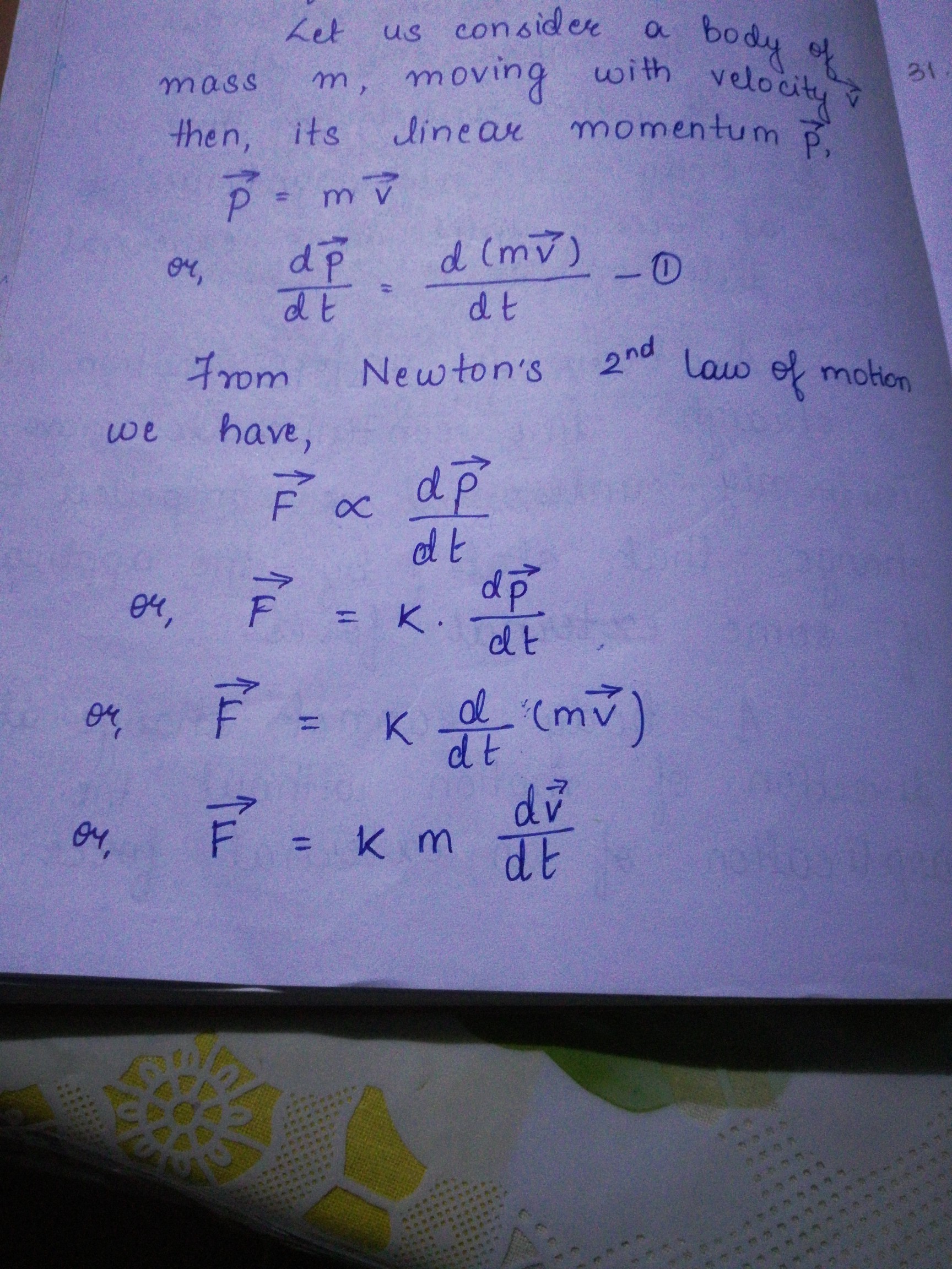 derive the relation between force and rate of change of momentum