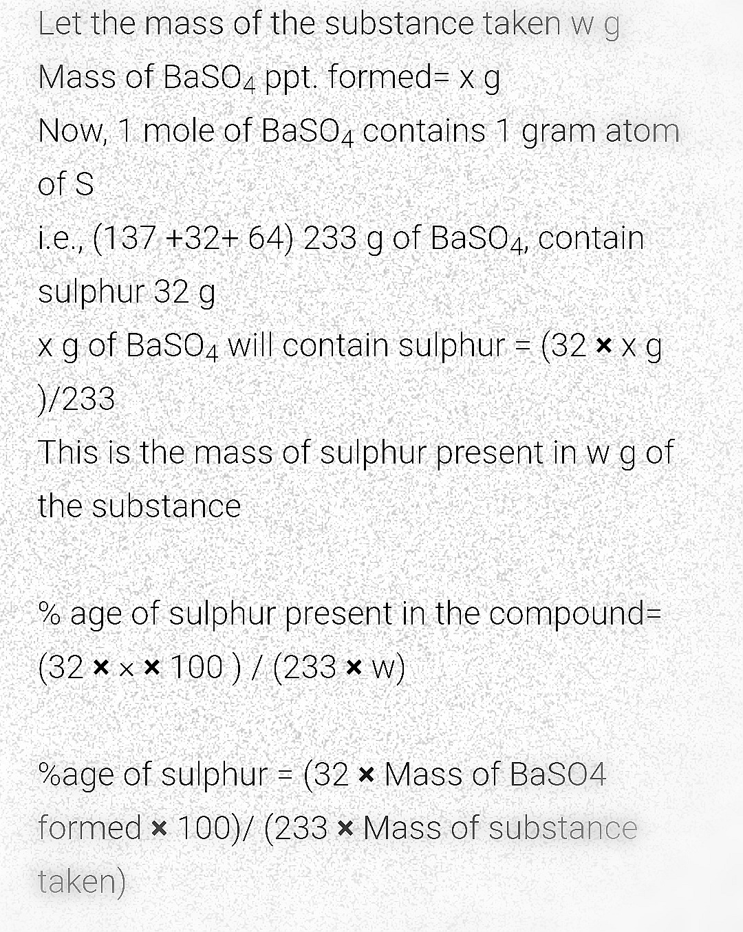 Give the principle and formula involved in estimation of sulphur by
